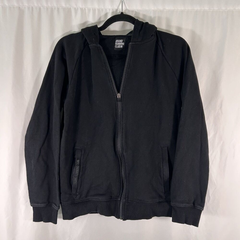 Grand Running Club Hoodie Men's Small Black Zip Pockets Full Zip Missing Drawstr